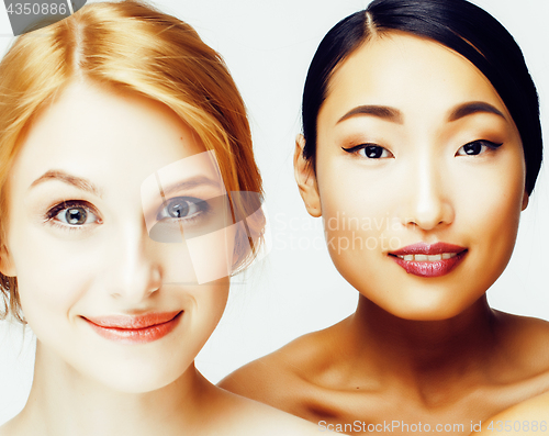 Image of different woman: asian, caucasian together isolated on white background happy smiling, diverse type of skin, lifestyle people concept