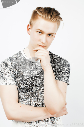 Image of young handsome teenage hipster guy posing emotional, happy smiling against white background isolated, lifestyle people concept