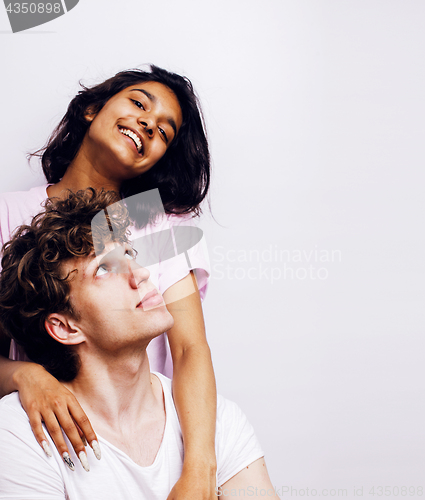 Image of best friends teenage girl and boy together having fun, posing emotional on white background, couple happy smiling, lifestyle people concept, blond and brunette multi nations