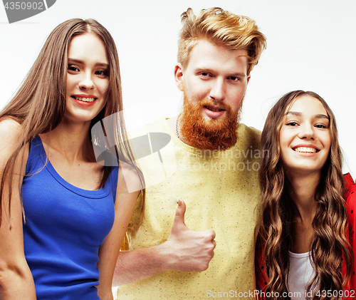 Image of company of hipster guys, bearded red hair boy and girls students having fun together friends, diverse fashion style, lifestyle people concept isolated on white background 