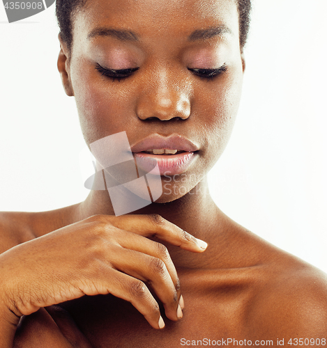 Image of young pretty african american woman naked taking care of her skin isolated on white background, healthcare people concept