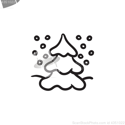 Image of Christmas tree covered with snow sketch icon.