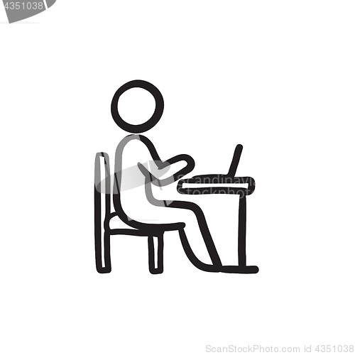 Image of Businessman working on laptop sketch icon.