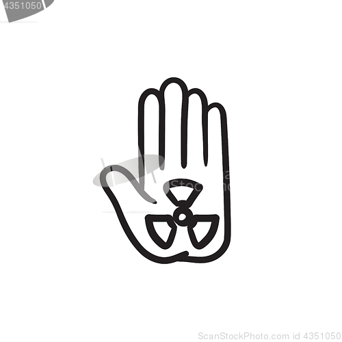 Image of Ionizing radiation sign on a palm sketch icon.