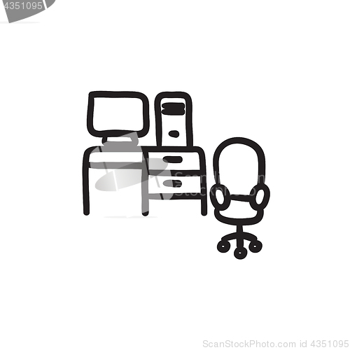 Image of Computer set with table and chair sketch icon.