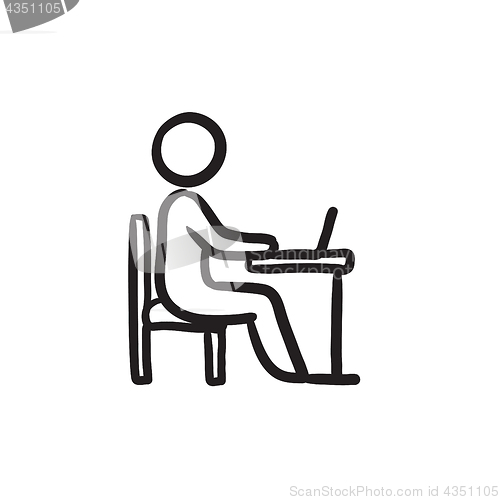 Image of Businessman working on laptop sketch icon.