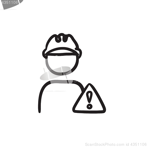 Image of Worker with caution sign sketch icon.