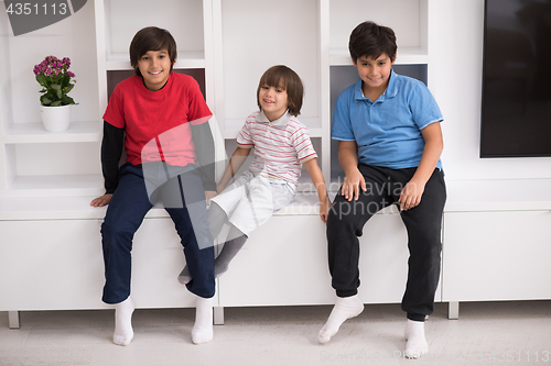 Image of young boys posing on a shelf