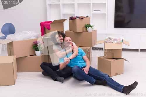 Image of young  gay couple moving  in new house