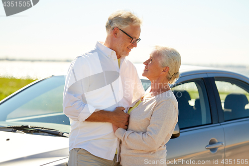 Image of happy senior couple at car in summer