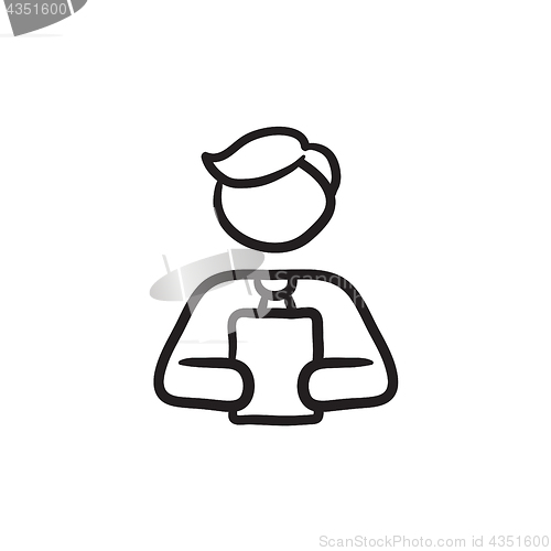 Image of Man holding digital tablet sketch icon.
