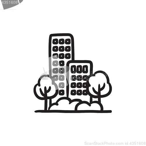 Image of Residential building with trees sketch icon.