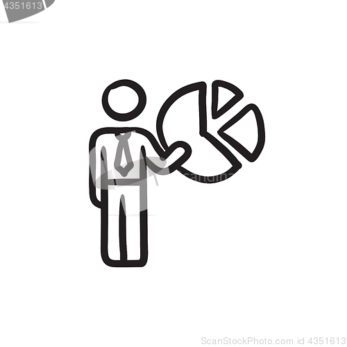Image of Businessman pointing at the pie chart sketch icon.