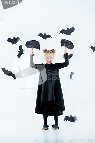 Image of Little girl witch in black dress over magical accessories. Halloween, the studio evening.