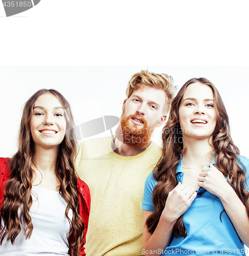 Image of company of hipster guys, bearded red hair boy and girls students
