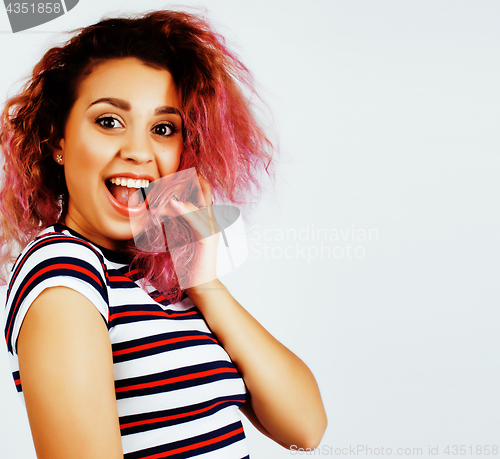 Image of young happy smiling latin american teenage girl emotional posing on white background, lifestyle people concept