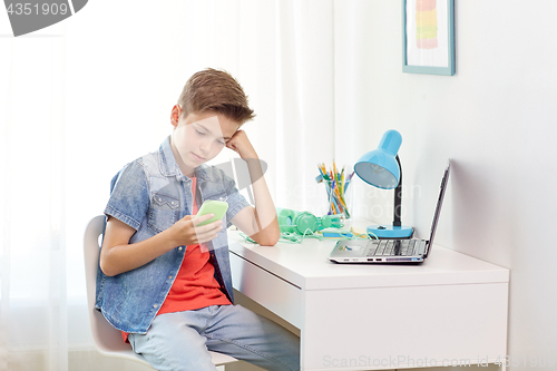 Image of boy with smartphone being bullied by text message