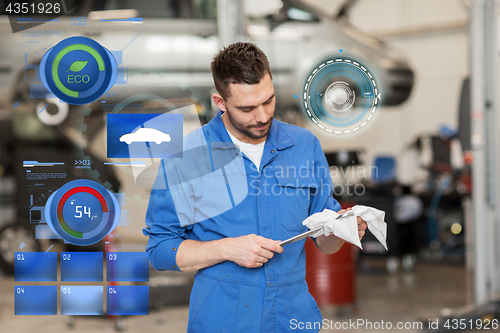 Image of auto mechanic or smith with wrench at car workshop