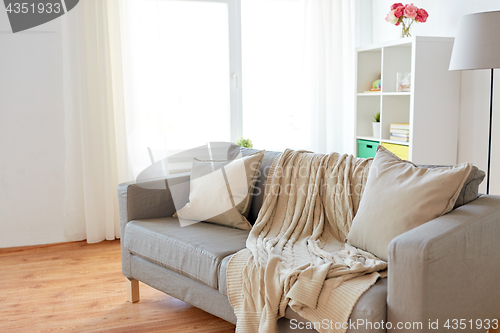 Image of sofa with cushions at cozy home living room