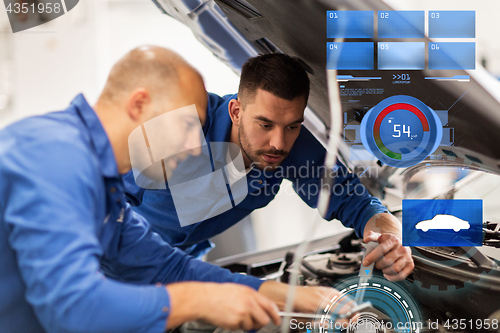 Image of mechanic men with wrench repairing car at workshop