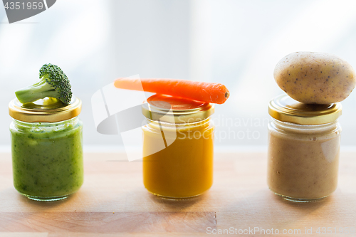 Image of vegetable puree or baby food in glass jars