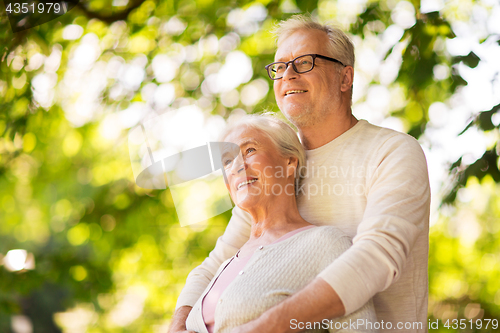 Image of happy senior couple hugging at summer park