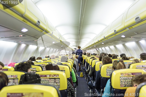 Image of Interior of commercial airplane during flight.