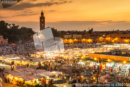 Image of Jamaa el Fna market square in sunset, Marrakesh, Morocco, north Africa.