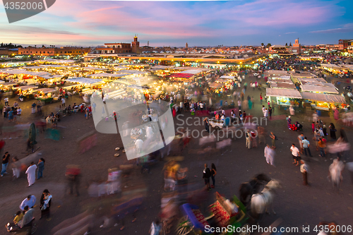 Image of Jamaa el Fna market square in sunset, Marrakesh, Morocco, north Africa.