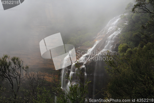 Image of Blue Mountains and waterfall in heavy fog