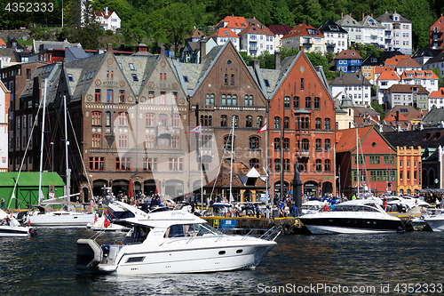 Image of BERGEN HARBOR, NORWAY - MAY 27, 2017: Private boats on a row alo