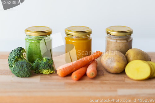 Image of vegetable puree or baby food in glass jars