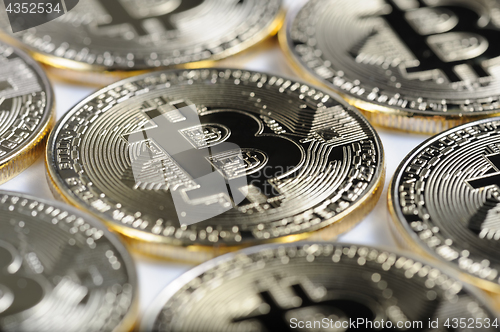 Image of Macro view of shiny Bitcoin souvenire coins