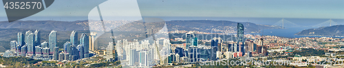 Image of Istanbul, Turkey - April 3, 2017: Skyscrapers in the Maslak. Shooting through the glass. Retro style.