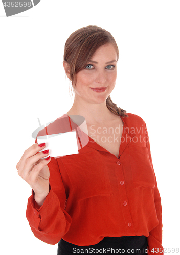 Image of Woman holding a business card up.