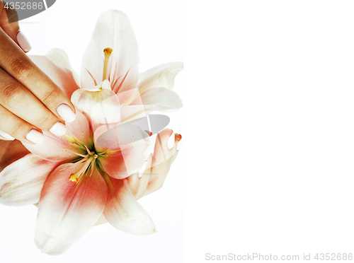 Image of beauty delicate hands with manicure holding flower lily close up