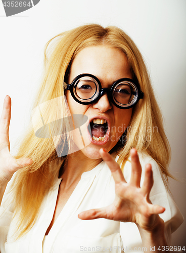 Image of bookworm, cute young blond woman in glasses, blond hair, teenage goofy, lifestyle people concept 