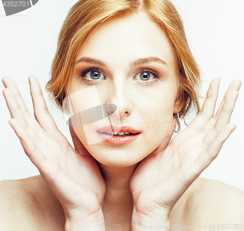 Image of young sweet brunette woman close up isolated on white background, perfect pure innocense freshness face, spa healthcare real people concept