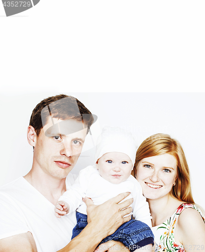 Image of young cute happy modern family, mother father son isolated on white background, lifestyle people concept, ginger mom