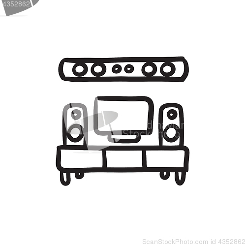 Image of TV flat screen and home theater sketch icon.