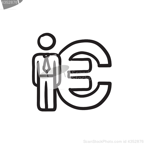 Image of Businessman stands near Euro symbol sketch icon.