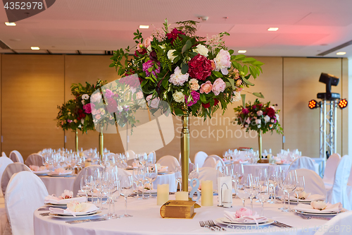 Image of Table set for wedding or another catered event dinner.