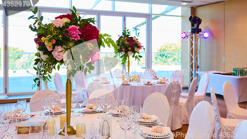 Image of Table set for wedding or another catered event dinner.