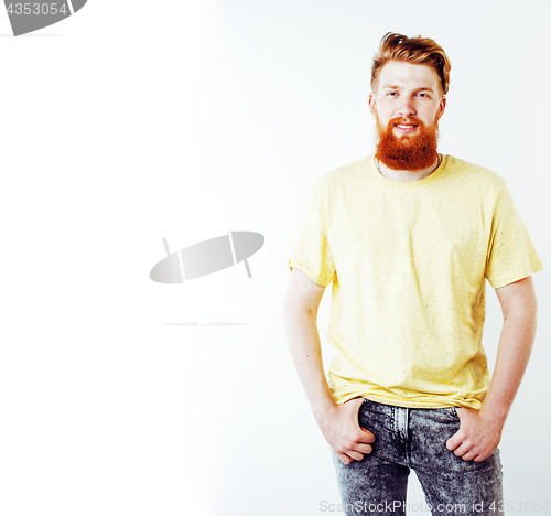 Image of young handsome hipster ginger bearded guy looking brutal isolate