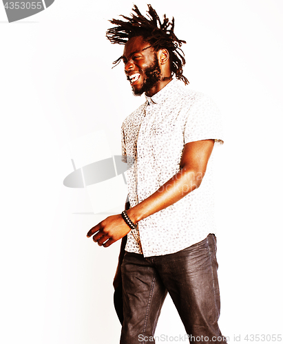 Image of young handsome afro american boy in stylish hipster hat gesturing emotional isolated on white background smiling, lifestyle people concept closeup