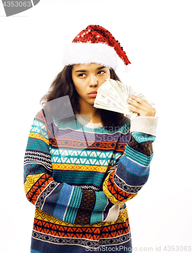 Image of cute young real african hipster girl in santas red hat isolated 