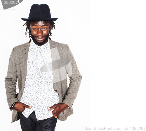 Image of young handsome afro american boy in stylish hipster hat gesturin