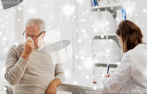 Image of senior man and doctor meeting at hospital