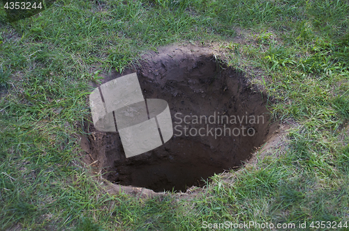 Image of Deep dirt hole in ground or lawn