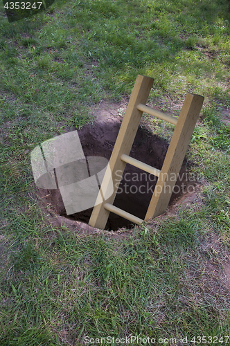 Image of Ladder coming out of a dirt hole in the ground 